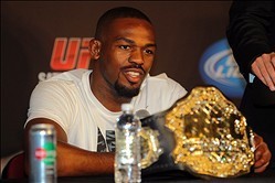 Apr 27, 2013; Newark, NJ, USA; Jon Jones  during a press conference after UFC 159 at the Prudential Center. Mandatory Credit: Brad Penner-USA TODAY Sports