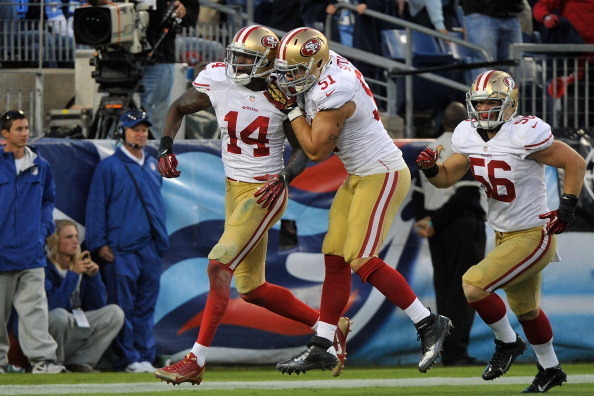 NASHVILLE, TN - OCTOBER 20:  Kassim Osgood #14 of the San Francisco 49ers is congratulated by teammates Dan Skuta #51 and Nate Stupar #56 after recovering a muffed punt in the end zone for a touchdown against the Tennessee Titans at LP Field on October 20