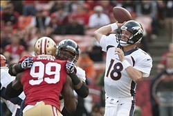 Aug 8, 2013; San Francisco, CA, USA; Denver Broncos quarterback Peyton Manning (18) throws a pass during the first quarter of the game against the San Francisco 49ers at Candlestick Park. Mandatory Credit: Ed Szczepanski-USA TODAY Sports
