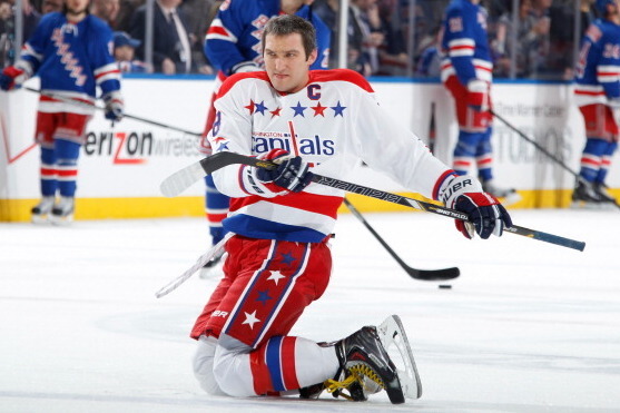 NEW YORK, NY - JANUARY 19:  Alex Ovechkin #8 of the Washington Capitals stretches during warm-ups before the game against the New York Rangers at Madison Square Garden on January 19, 2014 in New York City. (Photo by Scott Levy/NHLI via Getty Images)