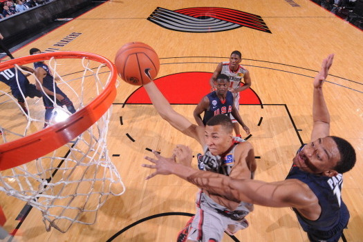 PORTLAND, OR - APRIL 20: Dante Exum #7 of the World Select Team shoots against the USA Junior Select Team during the game on April 20, 2013 at the Rose Garden Arena in Portland, Oregon.  NOTE TO USER: User expressly acknowledges and agrees that, by downlo