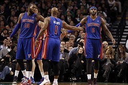 Dec 18, 2013; Boston, MA, USA; Detroit Pistons small forward Josh Smith (6) is congratulated by power forward Greg Monroe (10) and shooting guard Chauncey Billups (1) after hitting a shot during the fourth quarter of Detroit's 107-106 win over the Boston 