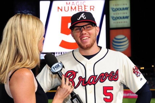 ATLANTA, GA - SEPTEMBER 14: Freddie Freeman #5 of the Atlanta Braves is interviewed after the game against the San Diego Padres at Turner Field on September 14, 2013 in Atlanta, Georgia. (Photo by Scott Cunningham/Getty Images)