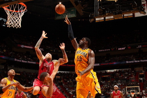 MIAMI, FL - DECEMBER 18: Roy Hibbert #55 of the Indiana Pacers shoots against the Miami Heat on December 18, 2013 at American Airlines Arena in Miami, Florida. NOTE TO USER: User expressly acknowledges and agrees that, by downloading and/or using this pho