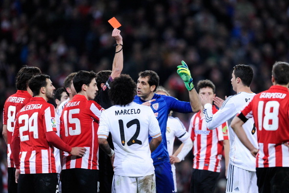 BILBAO, SPAIN - FEBRUARY 02:  Cristiano Ronaldo (2nd R) is shown a red card during the La Liga match between Athletic Club and Real Madrid CF at San Mames Stadium on February 2, 2014 in Bilbao, Spain.  (Photo by David Ramos/Getty Images)