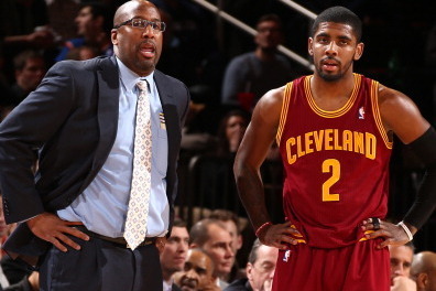 NEW YORK, NY - JANUARY 30: Head Coach Mike Brown of the Cleveland Cavaliers talks to Kyrie Irving #2 of the Cleveland Cavaliers during a game against the New York Knicks at Madison Square Garden in New York City on January 30, 2014.  NOTE TO USER: User ex