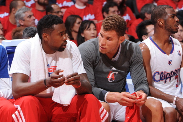 LOS ANGELES, CA - APRIL 22:  DeAndre Jordan #6 and Blake Griffin #32 of the Los Angeles Clippers on the bench during the game against the Memphis Grizzlies at Staples Center in Game Two of the Western Conference Quarterfinals during the 2013 NBA Playoffs 