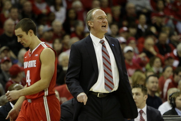 MADISON, WI - FEBRUARY 01: Head Coach Thad Matta of the Ohio State Buckeyes yells from the sideline during the first half of play against the Wisconsin Badgers at Kohl Center on February 01, 2014 in Madison, Wisconsin. (Photo by Mike McGinnis/Getty Images