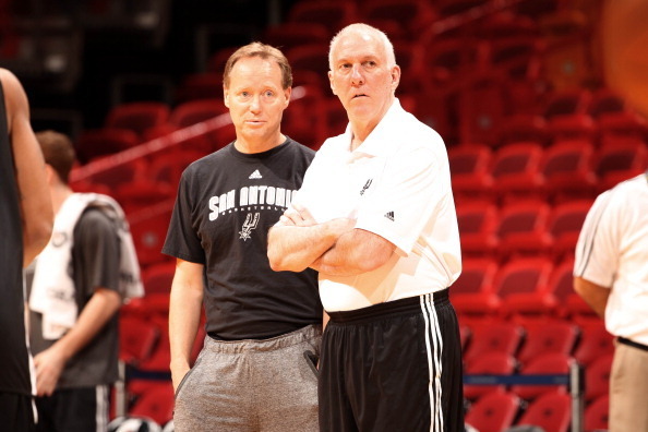 MIAMI, FL - JUNE 8: Mike Budenholzer and Gregg Popovich, head coach of the of the San Antonio Spurs warm up during practice as part of the 2013 NBA Finals on June 8, 2013 at American Airlines Arena in Miami, Florida. NOTE TO USER: User expressly acknowled