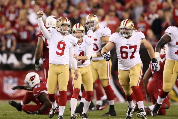 GLENDALE, AZ - DECEMBER 29:  kicker Phil Dawson #9 of the San Francisco 49ers celebrates after kicking the game winning 40 yard field goal against the Arizona Cardinals during the final moments of the NFL game at the University of Phoenix Stadium on Decem