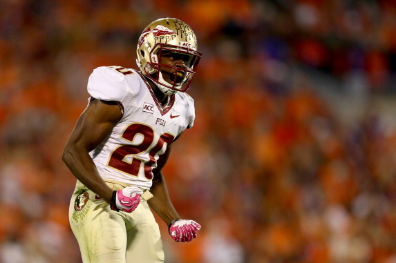 CLEMSON, SC - OCTOBER 19:  Lamarcus Joyner #20 of the Florida State Seminoles reacts after a play against the Clemson Tigers during their game at Memorial Stadium on October 19, 2013 in Clemson, South Carolina.  (Photo by Streeter Lecka/Getty Images)