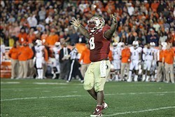 Jan 6, 2014; Pasadena, CA, USA; Florida State Seminoles nose tackle Timmy Jernigan (8) celebrates late in the fourth quarter against the Auburn Tigers for the 2014 BCS National Championship game at the Rose Bowl. Mandatory Credit: Matthew Emmons-USA TODAY