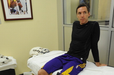 LOS ANGELES, CA - JANUARY 3: Steve Nash #10 of the Los Angeles Lakers sits in the training room before a game against the Utah Jazz at STAPLES Center on January 3, 2013 in Los Angeles, California. NOTE TO USER: User expressly acknowledges and agrees that,