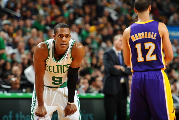 BOSTON, MA - JANUARY 17: Rajon Rondo #9 of the Boston Celtics looks on against the Los Angeles Lakers on January 17, 2014 at the TD Garden in Boston, Massachusetts.  NOTE TO USER: User expressly acknowledges and agrees that, by downloading and or using th