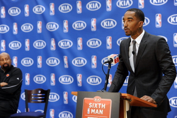 TARRYTOWN, NY - APRIL 22: J.R Smith #8 of the New York Knicks is the winner of the 2012-13 Kia NBA Sixth Man Award as the league's best player in a reserve role on April 22, 2012 at the Madison Square Garden Training Center in Tarrytown, New York. NOTE TO