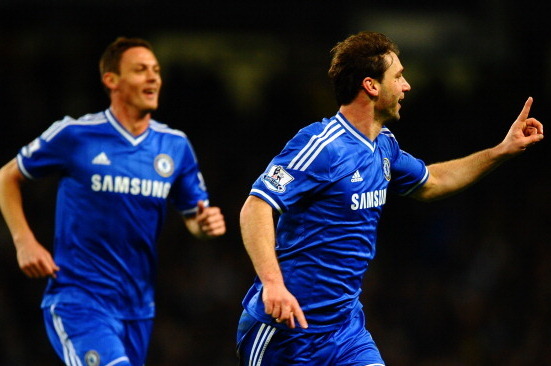 MANCHESTER, ENGLAND - FEBRUARY 03:  Branislav Ivanovic of Chelsea celebrates scoring their first goal during the Barclays Premier League match between Manchester City and Chelsea at Etihad Stadium on February 3, 2014 in Manchester, England.  (Photo by Lau