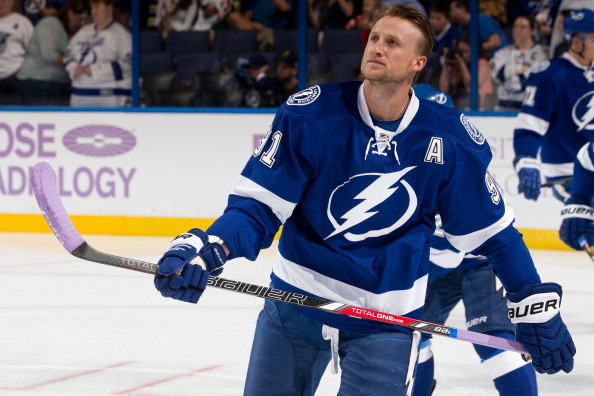 TAMPA, FL - OCTOBER 17: Steven Stamkos #91 of the Tampa Bay Lightning skates during warmups prior to tonight's game against the Minnesota Wild at the Tampa Bay Times Forum on October 17, 2013 in Tampa, Florida.  (Photo by Scott Audette/NHLI via Getty Imag