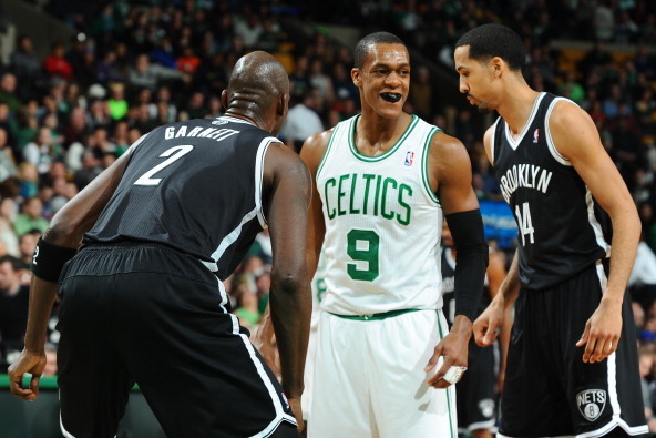 BOSTON, MA - JANUARY 26: Rajon Rondo #9 of the Boston Celtics against Kevin Garnett #2 of the Brooklyn Nets on January 26, 2014 at the TD Garden in Boston, Massachusetts.  NOTE TO USER: User expressly acknowledges and agrees that, by downloading and or us