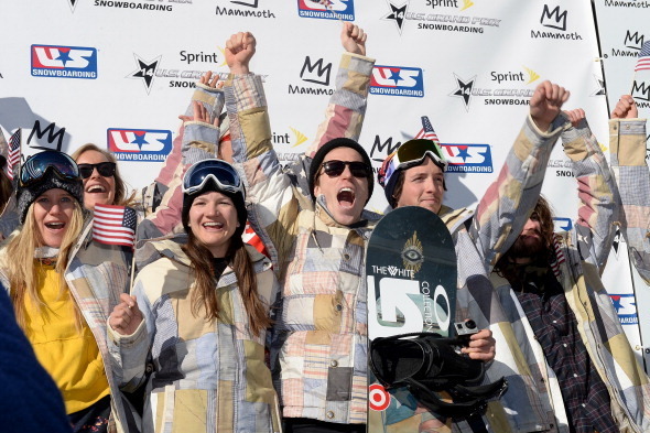 MAMMOTH, CA - JANUARY 19:  Kelly Clark and Shaun White celebrate their place on the United States Olympic team for Snowboarding Slopestyle and Halfpipe at the 2014 Sprint U.S. Snowboarding Grand Prix at Mammoth Mountain Resort on January 19, 2014 in Mammo
