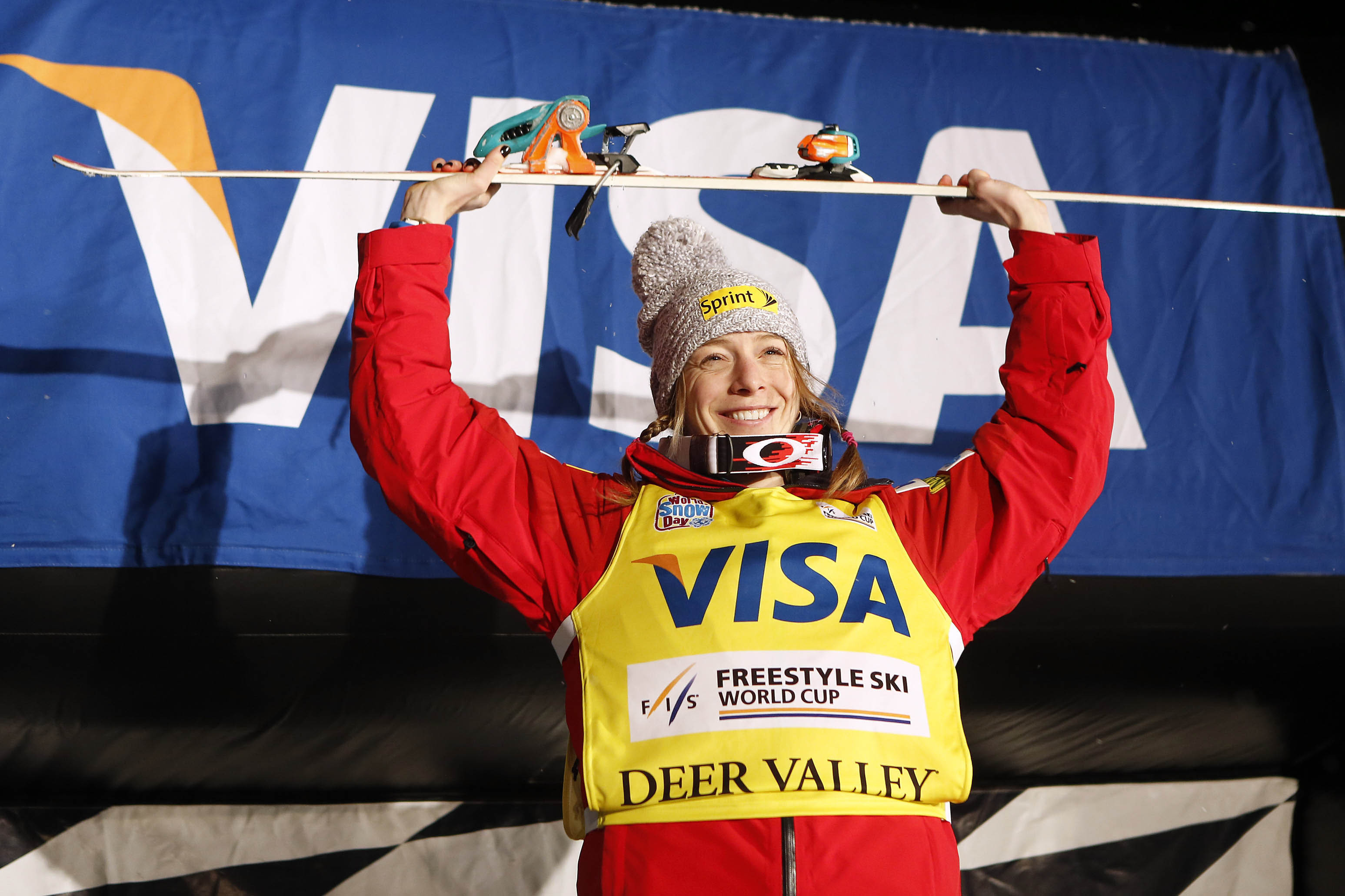 Jan 11, 2014; Park City, UT, USA; First place finisher Hannah Kearney of the United States takes the podium after women's FIS World Cup moguls event at Deer Valley Resort. Mandatory Credit: Jim Urquhart-USA TODAY Sports