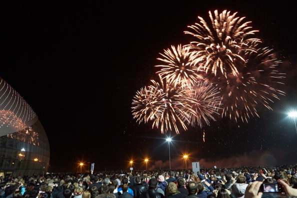 SOCHI - RUSSIA - FEBRUARY 7: Fireworks light up the sky during the 'Sochi 2014 - One Year To Go' ceremony at Bolshoi Ice Dome on February 7, 2013 in Sochi, Russia. (Photo by Oleg Nikishin/Getty Images)