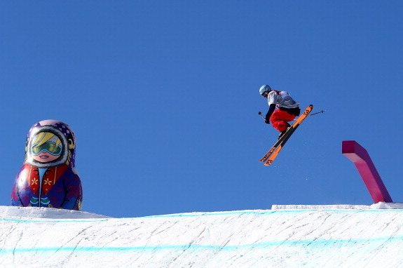 SOCHI, RUSSIA - FEBRUARY 05:  Bobby Brown of the USA trains during Ski Slopestyle practice at the Extreme Park at Rosa Khutor Mountain ahead of the Sochi 2014 Winter Olympics on February 5, 2014 in Sochi, Russia.  (Photo by Streeter Lecka/Getty Images)