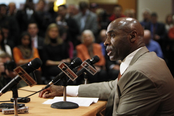 AUSTIN, TX - JANUARY 6: The University of Texas Longhorns new head football coach Charlie Strong from Louisvillespeaks after being introduced during a press conference January 6, 2014 at Darrell K. Royal-Texas Memorial Stadium in Austin, Texas.  (Photo by