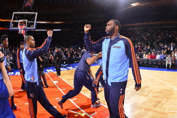 NEW YORK - JANUARY 24:   Al Jefferson #25 of the Charlotte Bobcats runs out before the game against the New York Knicks on January 24, 2014 at Madison Square Garden in New York City. NOTE TO USER: User expressly acknowledges and agrees that, by downloadin
