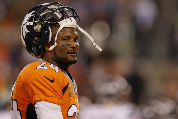 EAST RUTHERFORD, NJ - FEBRUARY 02:  Cornerback Champ Bailey #24 of the Denver Broncos reacts in the first quarter against the Seattle Seahawks during Super Bowl XLVIII at MetLife Stadium on February 2, 2014 in East Rutherford, New Jersey.  (Photo by Kevin