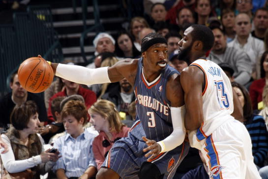 OKLAHOMA CITY - DECEMBER 26: Gerald Wallace #3 of the Charlotte Bobcats is guarded by James Harden #13 of the Oklahoma City Thunder on December 26, 2009 at the Ford Center in Oklahoma City, Oklahoma. NOTE TO USER: User expressly acknowledges and agrees th