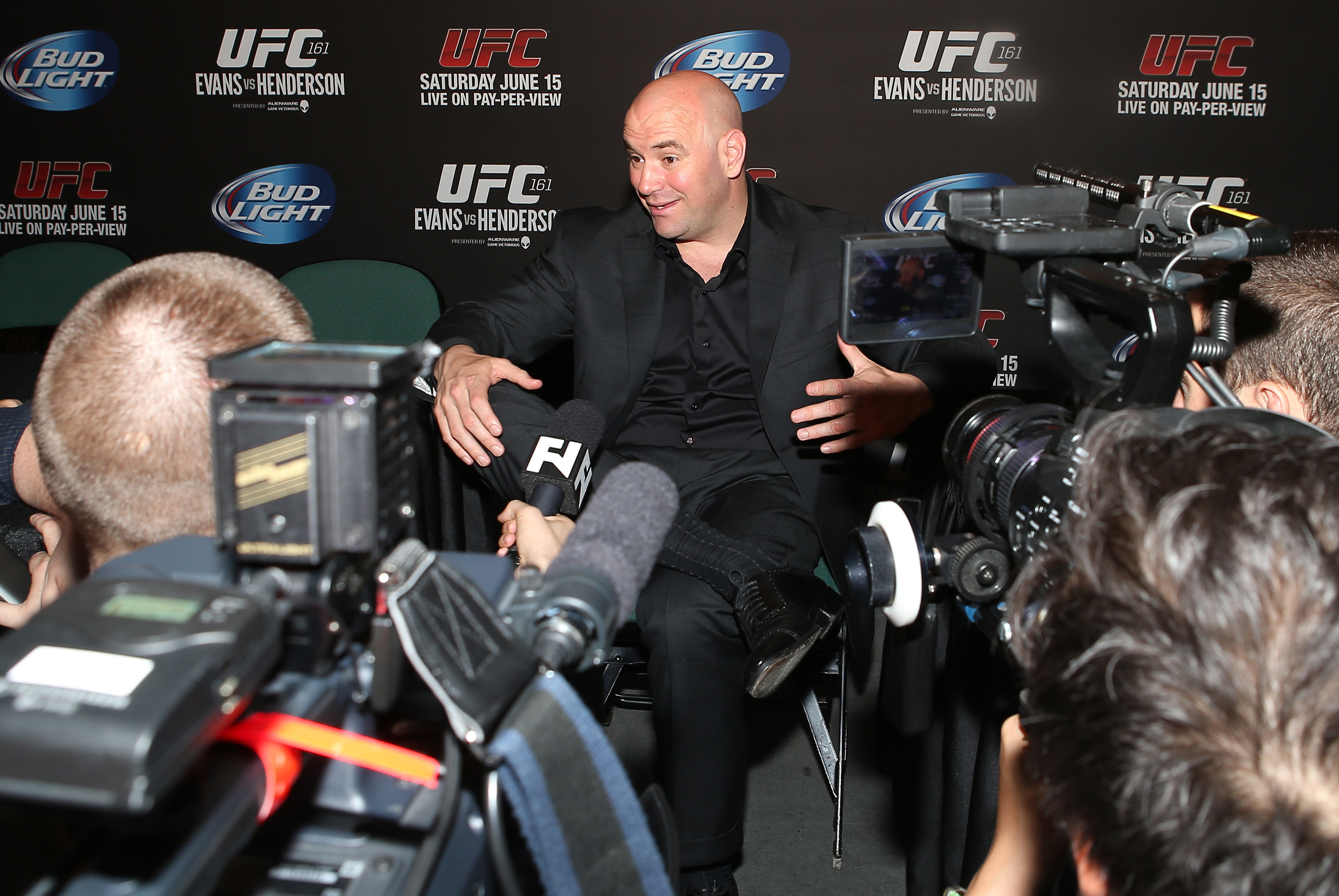 Jun 15, 2013; Winnipeg, MB, Canada; UFC president Dana White talks to the media at the press conference following UFC 161 at MTS Centre. Mandatory Credit: Tom Szczerbowski-USA TODAY Sports