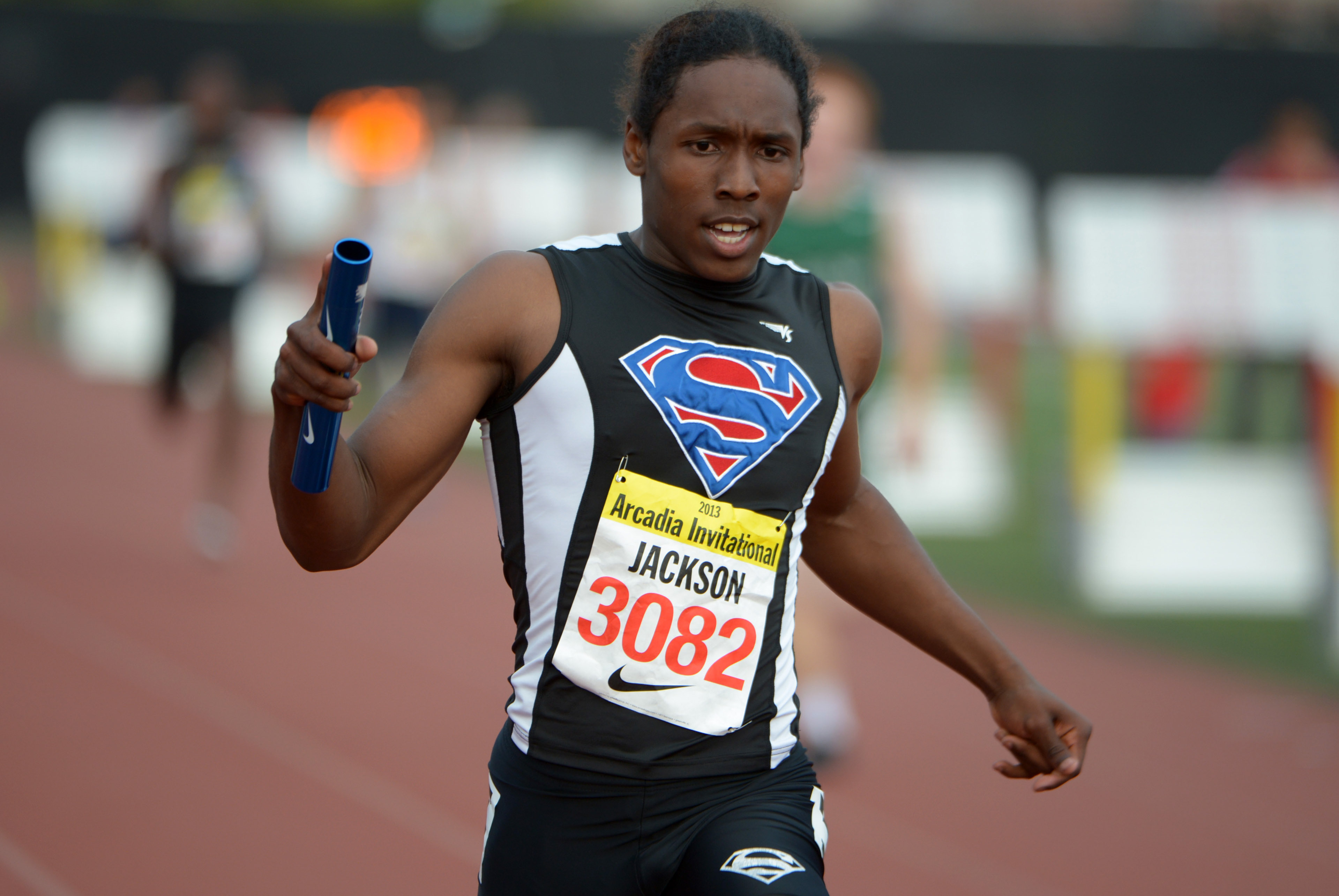 Apr 5, 2013; Arcadia, CA, USA; Adoree Jackson runs the anchor leg on the Serra 4 x 200m relay that won in 1:26.06 in the 46th Arcadia Invitational at Arcadia High. Mandatory Credit: Kirby Lee-USA TODAY Sports