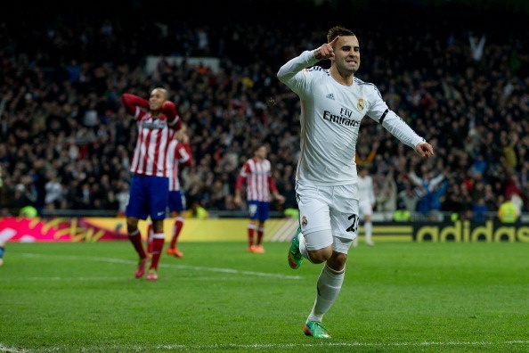MADRID, SPAIN - FEBRUARY 05:  Jese Rodriguez of Real Madrid CF jumps celebrating scoring their second goal during the Copa del Rey semifinal first leg match between Real Madrid CF and Club Atletico Madrid at Estadio Santiago Bernabeu on February 5, 2014 i