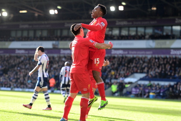 WEST BROMWICH, ENGLAND - FEBRUARY 02:  Daniel Sturridge (R) of Liverpool is congratulated by teammate Luis Suarez of Liverpool after scoring the opening goal during the Barclays Premier League match between West Bromwich Albion and Liverpool at The Hawtho