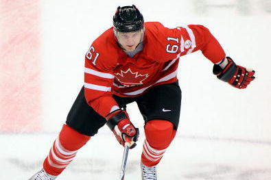 VANCOUVER, BC - FEBRUARY 16:  Rick Nash of Canada controls the puck in the warm up during the ice hockey men's preliminary game between Canada and Norway on day 5 of the Vancouver 2010 Winter Olympics at Canada Hockey Place on February 16, 2010 in Vancouv