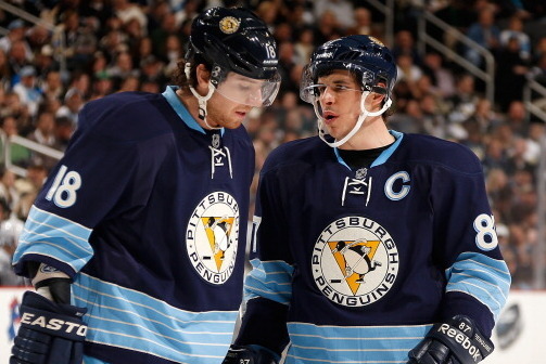 PITTSBURGH, PA - FEBRUARY 24:  Sidney Crosby #87 of the Pittsburgh Penguins talks with James Neal #18 during the game against the Tampa Bay Lightning on February 24, 2013 at Consol Energy Center in Pittsburgh, Pennsylvania.  (Photo by Gregory Shamus/NHLI 