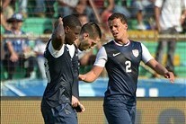 Feb 6, 2013; San Pedro Sula, HONDURAS; USA players  Eddie Johnson (left), Clint Dempsey (center) and Timmy Chandler react in a 2014 FIFA World Cup qualifying match against Honduras at Estadio Olimpico. Honduras defeated the United States 2-1. Mandatory Cr
