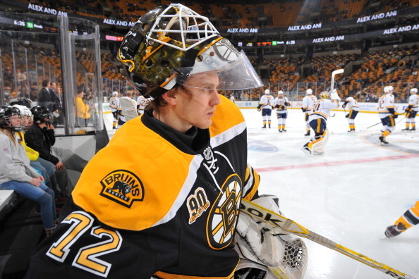 BOSTON, MA - JANUARY 2: Niklas Svedberg #72 of the Boston Bruins on the ice for warm ups before the game against the Nashville Predators at the TD Garden on January 2, 2014 in Boston, Massachusetts.  (Photo by Steve Babineau/NHLI via Getty Images)