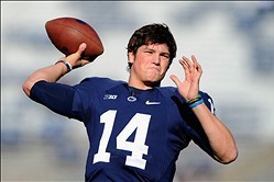 Nov 16, 2013; University Park, PA, USA; Penn State Nittany Lions quarterback Christian Hackenberg (14) warms up prior to the game against the Purdue Boilermakers at Beaver Stadium.  Mandatory Credit: Rich Barnes-USA TODAY Sports