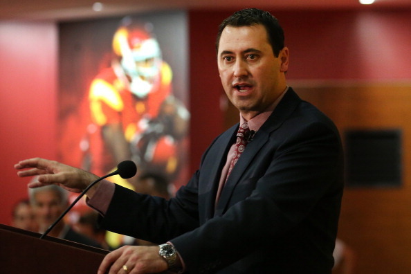 LOS ANGELES, CA - DECEMBER 03:  Steve Sarkisian speaks at a press conference introducing him as the new USC  head football coach at the John McKay Center at the University of Southern California on December 3, 2013 in Los Angeles, California.  (Photo by S