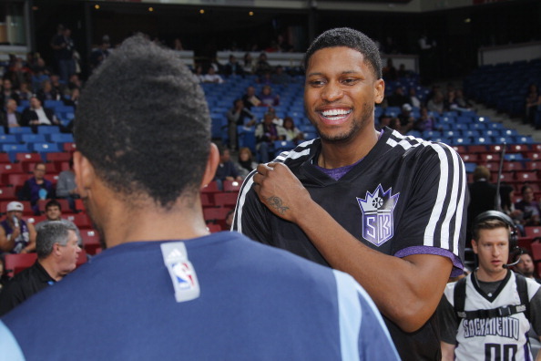 SACRAMENTO, CA - JANUARY 29: Rudy Gay #8 of the Sacramento Kings talks to Mike Conley #11 of the Memphis Grizzlies prior to the game on January 29, 2014 at Sleep Train Arena in Sacramento, California. NOTE TO USER: User expressly acknowledges and agrees t