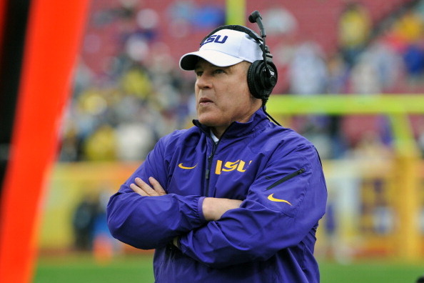 TAMPA, FL -  JANUARY 1:  Coach Les Miles of the LSU Tigers directs play against the Iowa Hawkeyes January 1, 2014  in the Outback Bowl at Raymond James Stadium in Tampa, Florida.  (Photo by Al Messerschmidt/Getty Images)