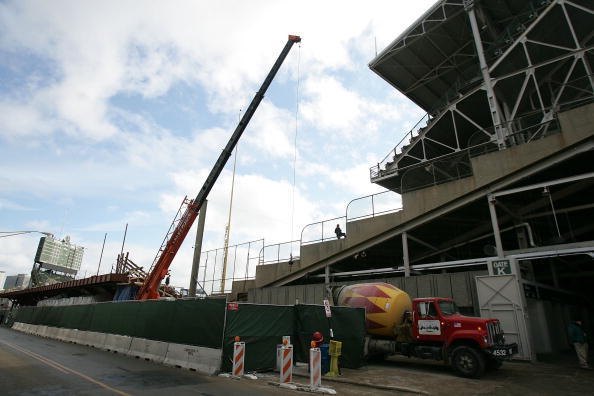 CHICAGO - FEBRUARY 08:  Construction equipment sits near the left field wall from Waveland avenue at Wrigley Field on February 8, 2006 in Chicago, Illinois.  (Photo by Jonathan Daniel/Getty Images)