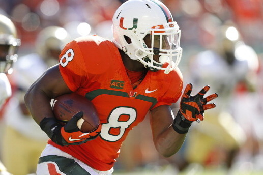 MIAMI GARDENS, FL - OCTOBER 5: Duke Johnson #8 of the Miami Hurricanes runs with the ball against the Georgia Tech Yellow Jackets on October 5, 2013 at Sun Life Stadium in Miami Gardens, Florida.(Photo by Joel Auerbach/Getty Images)