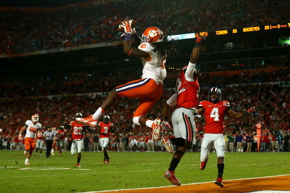 MIAMI GARDENS, FL - JANUARY 03: Sammy Watkins #2 of the Clemson Tigers catches a touchdown in the third quarter against Doran Grant #12 of the Ohio State Buckeyes during the Discover Orange Bowl at Sun Life Stadium on January 3, 2014 in Miami Gardens, Flo