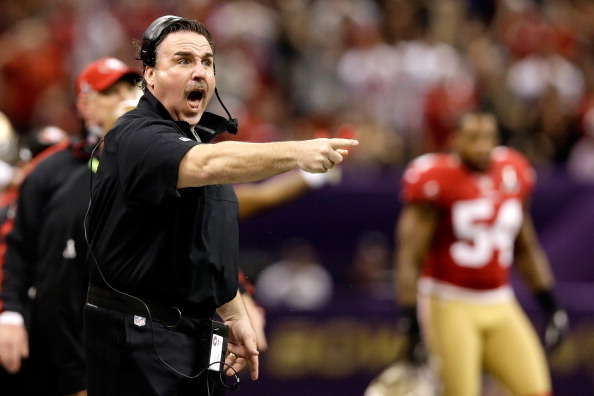 NEW ORLEANS, LA - FEBRUARY 03:  Defensive line coach Jim Tomsula of the San Francisco 49ers reacts as he coachs against the Baltimore Ravens during Super Bowl XLVII at the Mercedes-Benz Superdome on February 3, 2013 in New Orleans, Louisiana.  (Photo by E