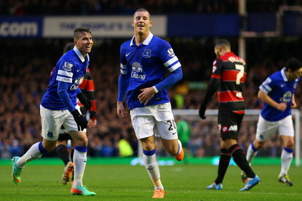 LIVERPOOL, ENGLAND - JANUARY 04:  Ross Barkley of Everton celebrates scoring the first goal with Bryan Oviedo of Everton during the Budweiser FA Cup Third Round match between Everton and Queens Park Rangers at Goodison Park on January 4, 2014 in Liverpool