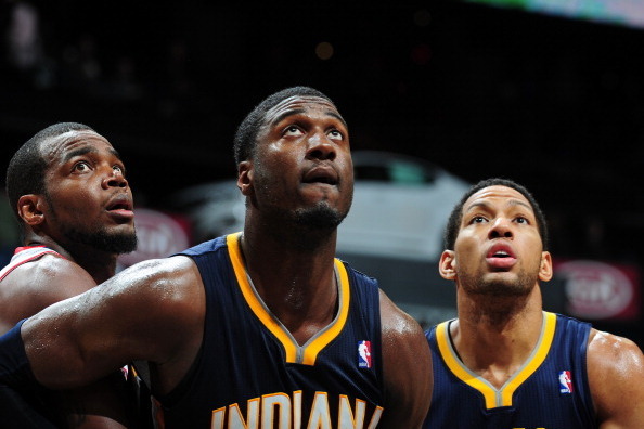 ATLANTA, GA - FEBRUARY 4: Roy Hibbert #55 of the Indiana Pacers waits for the rebound against the Atlanta Hawks on February 4, 2014 at Philips Arena in Atlanta, Georgia.  NOTE TO USER: User expressly acknowledges and agrees that, by downloading and/or usi