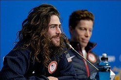 Feb 5, 2014; Krasnaya Polyana, RUSSIA; Danny  Davis, left, and Shaun White, right during the USA Snowboarding Halfpipe Press Conference at Gorki Media Center. Mandatory Credit: Andrew P. Scott-USA TODAY Sports