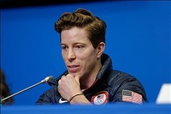 Feb 5, 2014; Krasnaya Polyana, RUSSIA; Shaun White speaks during the USA Snowboarding Halfpipe Press Conference at Gorki Media Center. Mandatory Credit: Andrew P. Scott-USA TODAY Sports